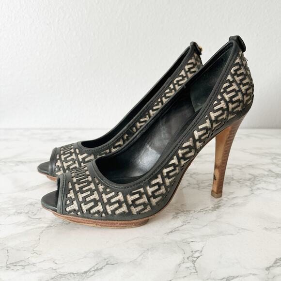 Tory Burch Regan Signature Logo Wood Platform Peep Toe Heels Women’s Size 11 - Picture 1 of 14